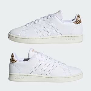 Adidas Women's Advantage White Sneakers with Leopard Print Detail, Size 8.5
